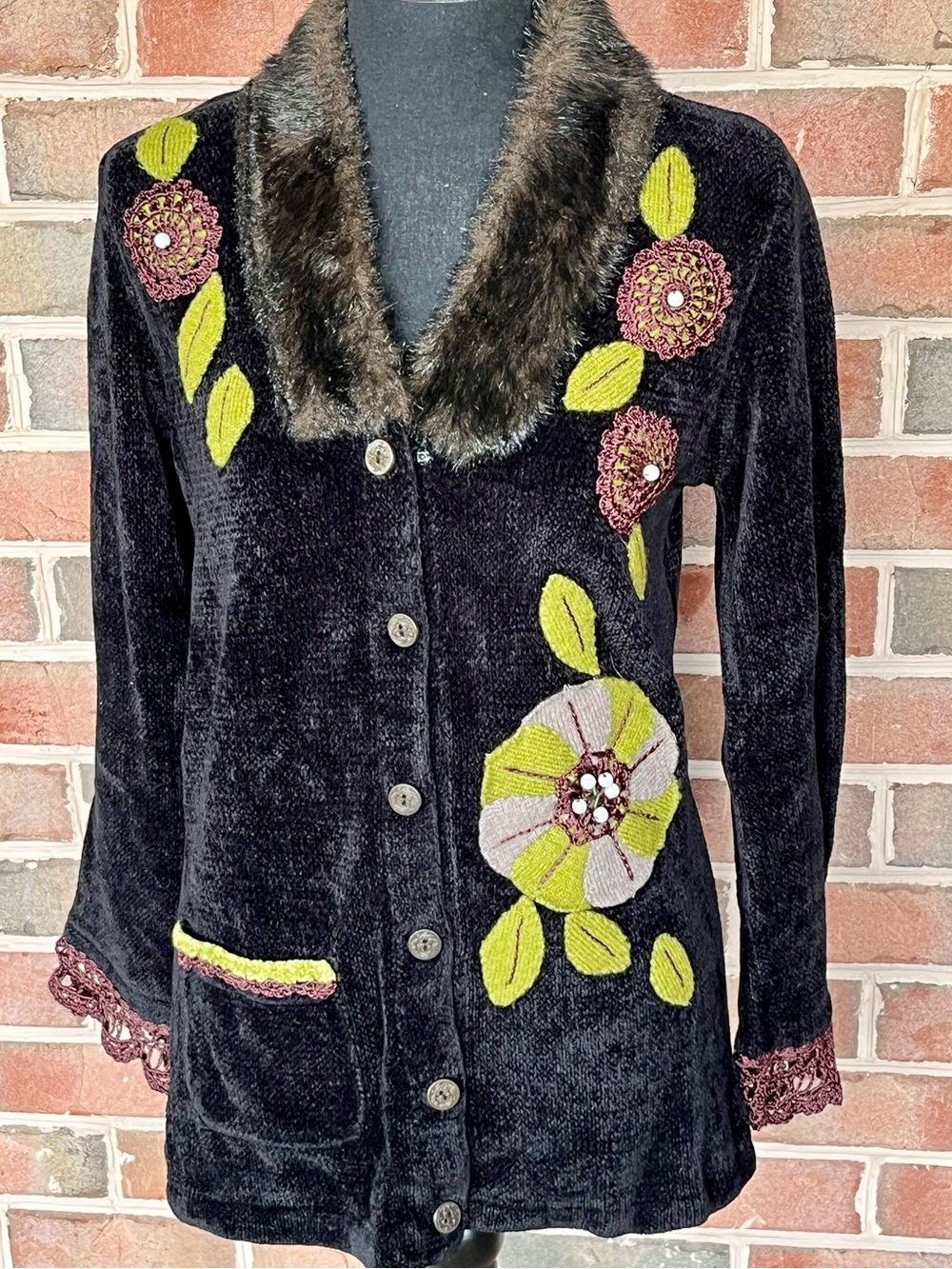 Vintage Storybook Knits Foliage Fancy Chenille Cardigan Sweater Jacket XS 90s